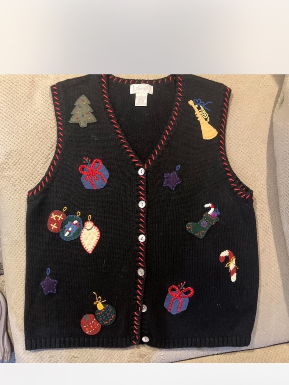 Foxcroft Holiday Appliqué V-Neck Vest Size Small